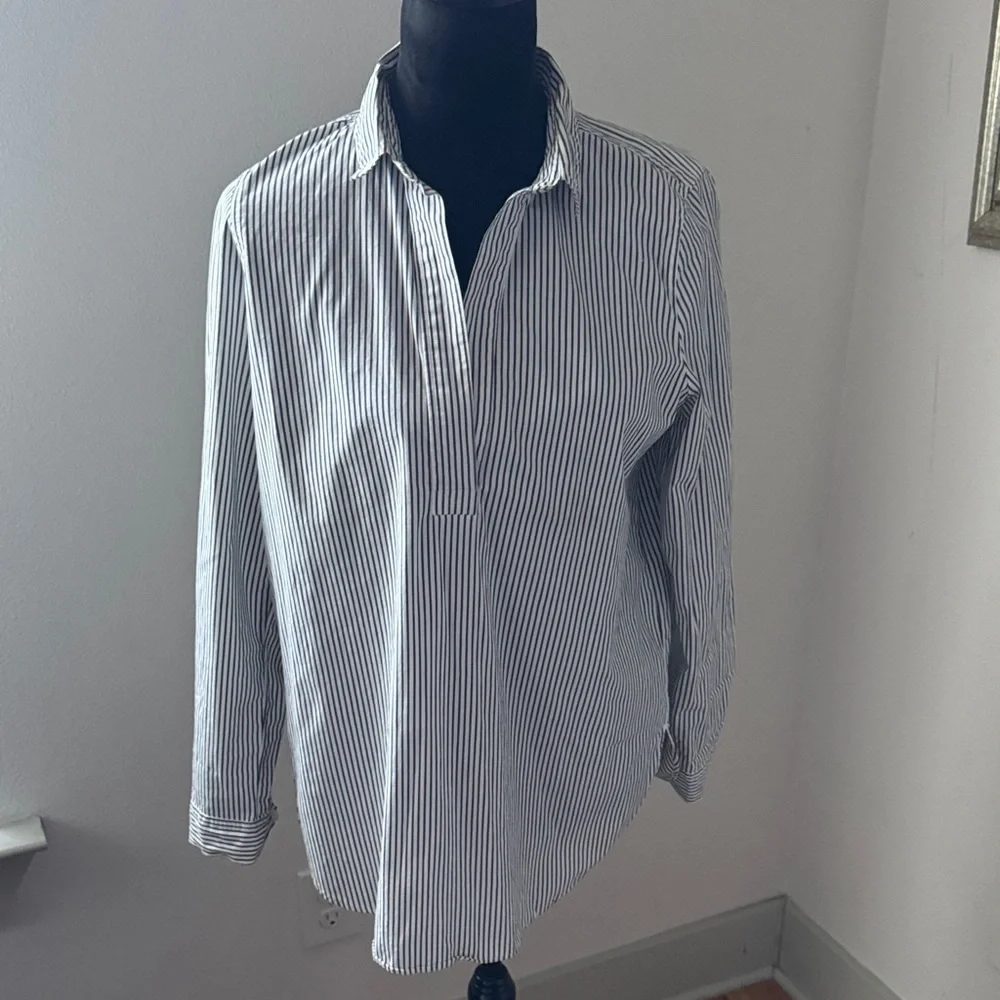 J Crew Hi-Low striped long‎ sleeves V-neck tunic top blouse cotton blend Sz S